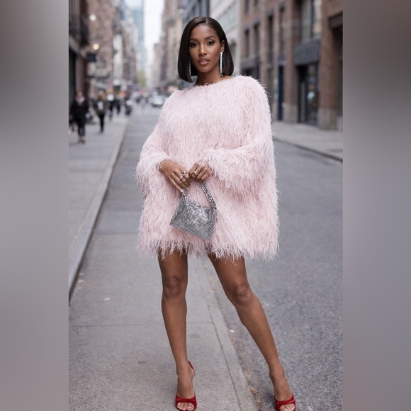 None Dresses & Skirts - Oversized Fringe Mini Dress , Baby Pink, Japanese One-Size